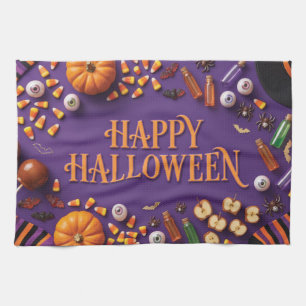Prettig Halloween vlakke compositie groet op paars Theedoek