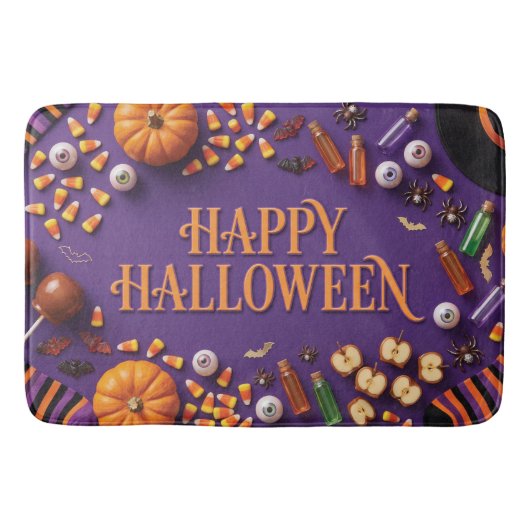 Prettig Halloween vlakke compositie op paars Badmat (Voorkant)