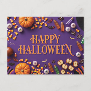 Prettig Halloween vlakke compositie op paars  Briefkaart
