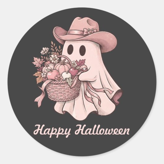 Prettig Halloween Westerse Roze Geest & Oogst Ronde Sticker (Voorkant)