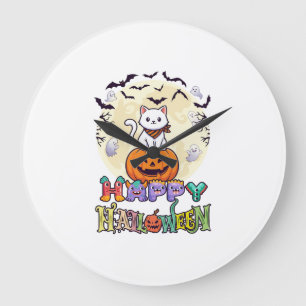 Prettig Halloween Witte Kat Pompoen Maan Vleermuiz Grote Klok