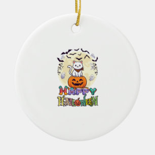 Prettig Halloween Witte Kat Pompoen Maan Vleermuiz Keramisch Ornament