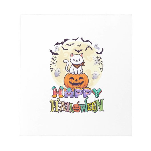Prettig Halloween Witte Kat Pompoen Maan Vleermuiz Notitieblok (Voorkant)
