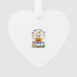 Prettig Halloween Witte Kat Pompoen Maan Vleermuiz Ornament