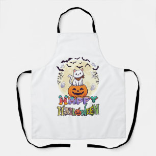 Prettig Halloween Witte Kat Pompoen Maan Vleermuiz Schort