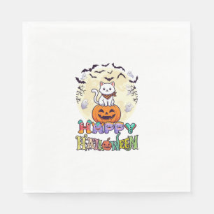 Prettig Halloween Witte Kat Pompoen Maan Vleermuiz Servet
