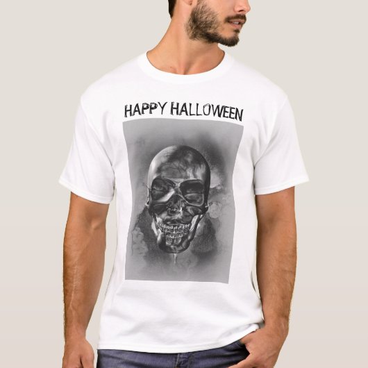 Prettig Halloween. Zwart-wit schedel ontwerp T-shirt (Voorkant)