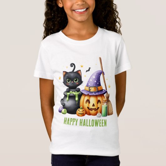 Prettig Halloween Zwarte Heks Kat T-shirt (Voorkant)