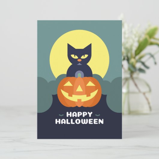 Prettig Halloween Zwarte Kat en Pompoen Feestdagenkaart (Staand voorkant)