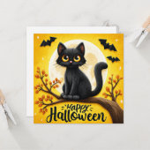 Prettig Halloween Zwarte Kat Kaart (Voorkant / Achterkant in situ)