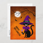 Prettig Halloween Zwarte Kat Paarse Heksenhoed Maa Feestdagenkaart (Voorkant / Achterkant)