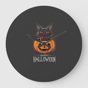 Prettig Halloween Zwarte Kat Pompoen Design_1 Grote Klok