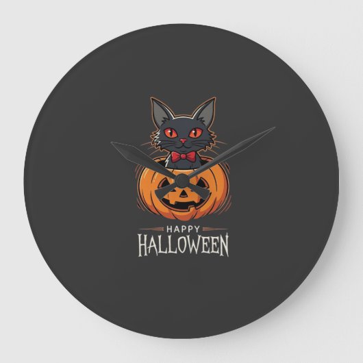 Prettig Halloween Zwarte Kat Pompoen Design_1 Grote Klok (Voorkant)