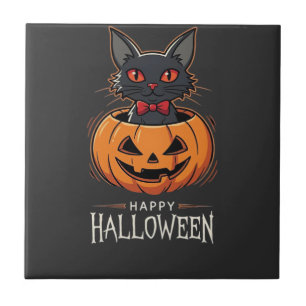 Prettig Halloween Zwarte Kat Pompoen Ontwerp_1 Tegeltje