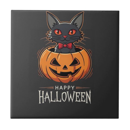 Prettig Halloween Zwarte Kat Pompoen Ontwerp_1 Tegeltje (Voorkant)