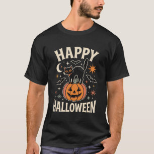 Prettig Halloween Zwarte Kat Pompoen Vintage Grafi T-shirt