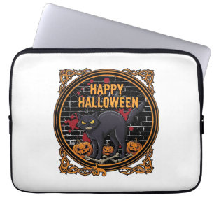 Prettig Halloween Zwarte Kat Pompoenen Botten_1 Laptop Sleeve