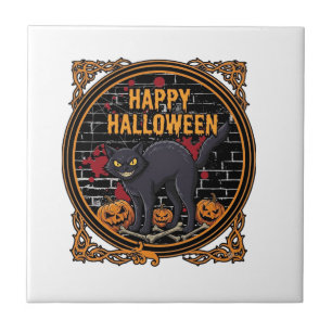 Prettig Halloween Zwarte Kat Pompoenen Botten_1 Tegeltje