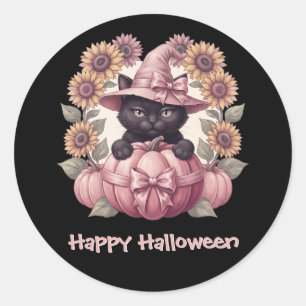 Prettig Halloween Zwarte Kat Roze Pompoen Ronde Sticker