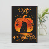 Prettig Halloween Zwarte Kat Spin Vleermuizen Kaart (Staand voorkant)
