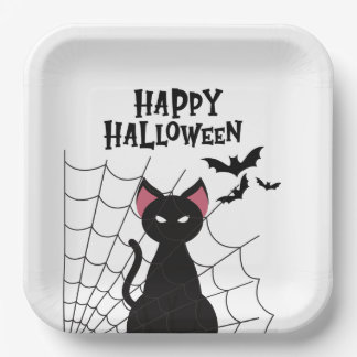 Prettig Halloween Zwarte Kat Spinnenweb & Vleermui Papieren Bordje