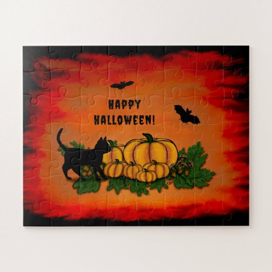 Prettig Halloween, Zwarte Kat, Vleermuis en Pompoe Legpuzzel (Horizontaal)