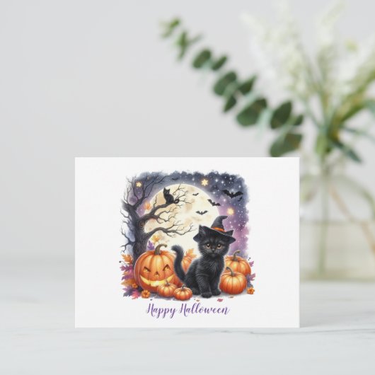Prettig Halloween Zwarte Kitten  Feestdagenkaart (Staand voorkant)