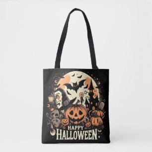 Prettig Halloweenfeest met Pompoen & Spookhuis Tote Bag