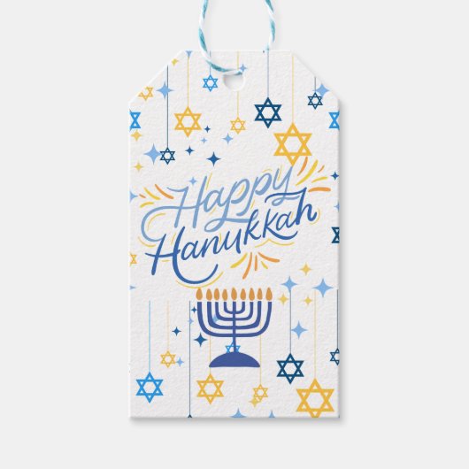 Prettig Hanukka Blauw En Goud Cadeaulabel (Voorkant)
