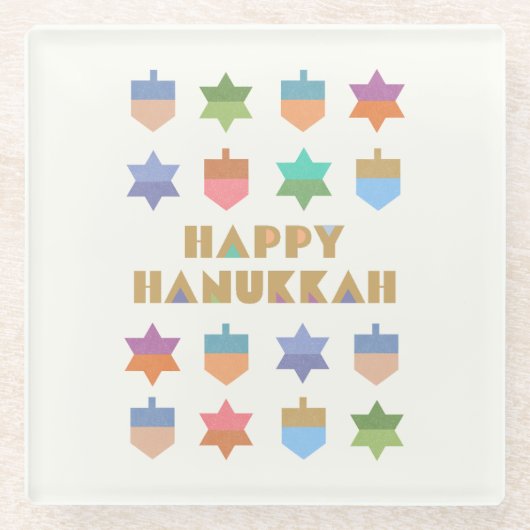 Prettig Hanukka Draaitoppen en Sterren Glazen Onderzetter (Voorkant)