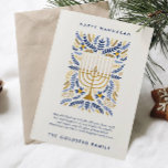 Prettig Hanukka Feestelijke Aquarel Menora Bloemen Feestdagenkaart<br><div class="desc">Prettig Hanukka! Stuur Hanukka-groeten naar familie en vrienden met deze elegante kaart. De kaart heeft een aquarel Menora en elegant kransloof in een verfijnd palet van goud, lichtblauw en navyblauw. Personaliseer de kaart met uw favoriete bericht en twee regels tekst om een persoonlijke touch toe te voegen aan uw feestwensen....</div>