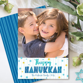 Prettig Hanukka Foto Goud Blauw Ster Leuk Letterty Feestdagenkaart