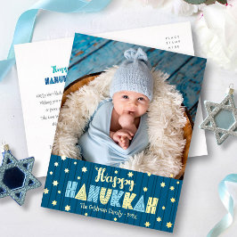 Prettig Hanukka Foto Modern Cute Blauwe Echte Goud Folie Feestdagen Briefkaart