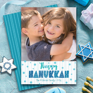 Prettig Hanukka Foto Turquoise Typografie Vet Feestdagenkaart