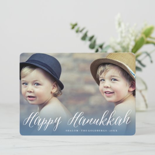 Prettig Hanukka Moderne trendy witte script foto Feestdagenkaart (Staand voorkant)