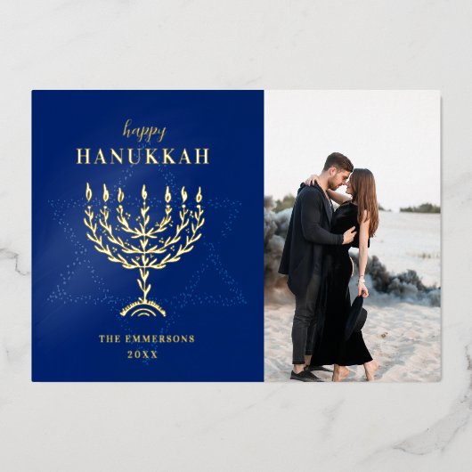 Prettig Hanukka Ster van David Menora Folie Feestdagenkaart (Voorkant)