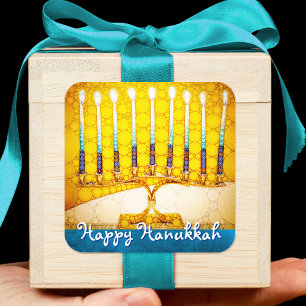 Prettig Hanukka Trendy Artistieke Gele Gouden Meno Vierkante Sticker