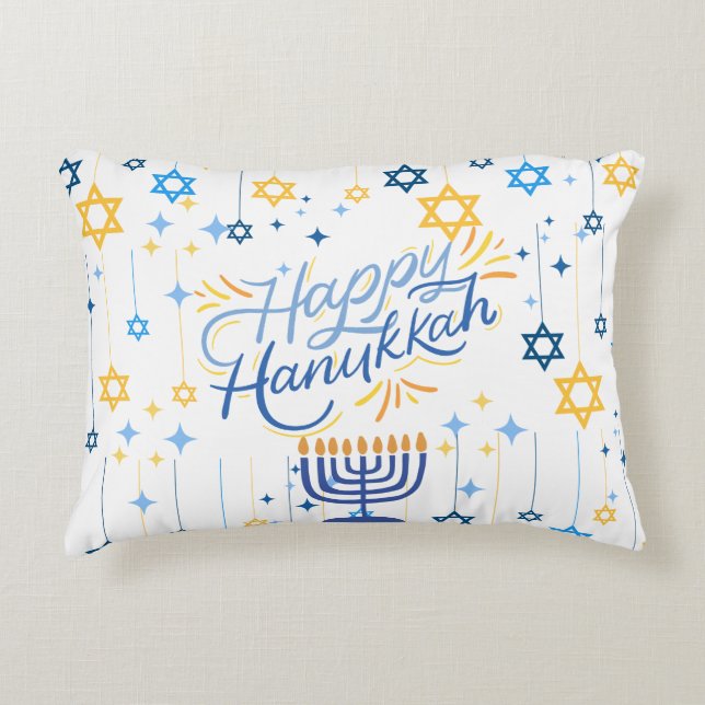 Prettig Hanukkah Blauw En Goud Accent Kussen (Voorkant)