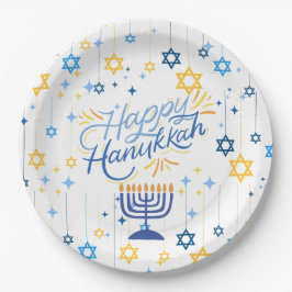 Prettig Hanukkah Blauw En Goud Papieren Bordje