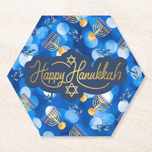 Prettig Hanukkah Blauw En Wit Kartonnen Onderzetters (Voorkant)