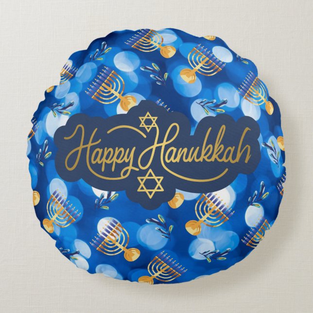Prettig Hanukkah Blauw En Wit Rond Kussen (Voorkant)