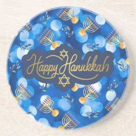 Prettig Hanukkah Blauw En Wit Zandsteen Onderzetter