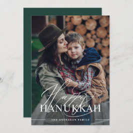 Prettig Hanukkah | Elegante Script Foto Donkergroe Feestdagenkaart