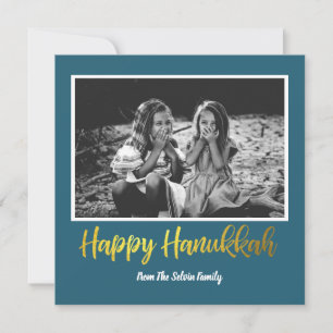 Prettig Hanukkah in turquoise en nepgoud Foto Feestdagenkaart