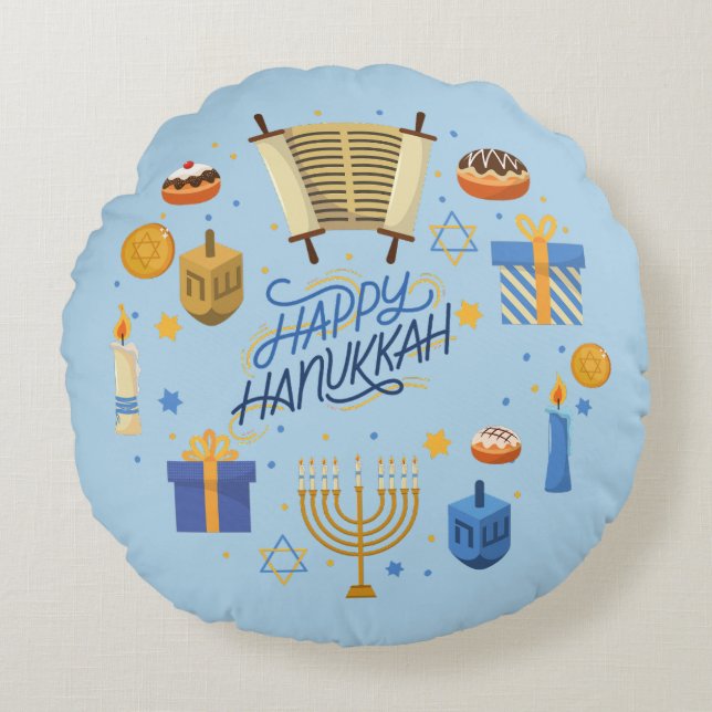 Prettig Hanukkah Rond Kussen (Voorkant)