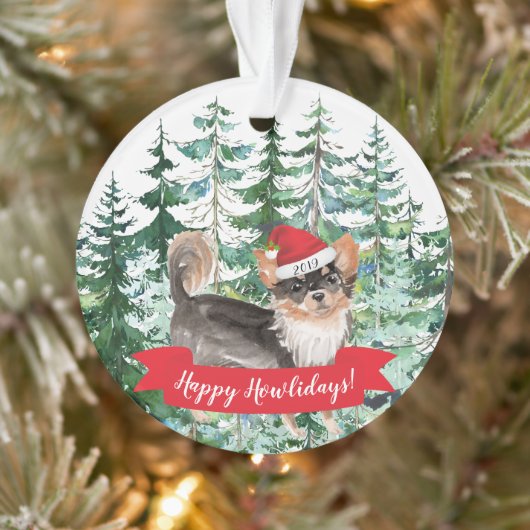 Prettig Howlidays Langharige Chihuahua Kerstmis Ornament (Boom)