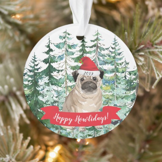 Prettig Howlidays Pug Hond Kerstmis Ornament (Boom)