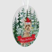 Prettig Howlidays Yorkshire Terrier Hond Kerstmis Ornament (voorkant)
