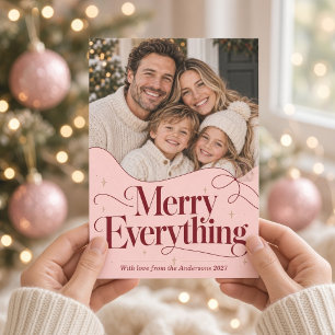 Prettig Iedereen Roze Strik Golvende Kerst Foto Feestdagenkaart