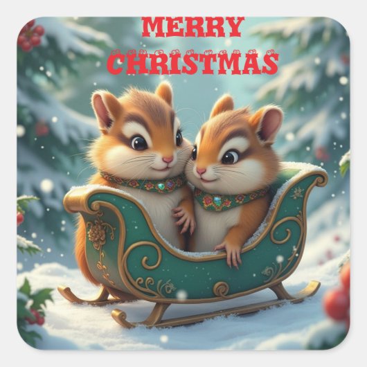 Prettig kerst eekhoorns vierkante sticker (Voorkant)